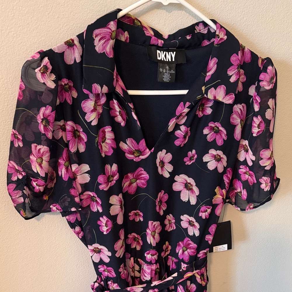 DKNY Black Midi Dress with Pink Floral Print - Picture 2 of 6